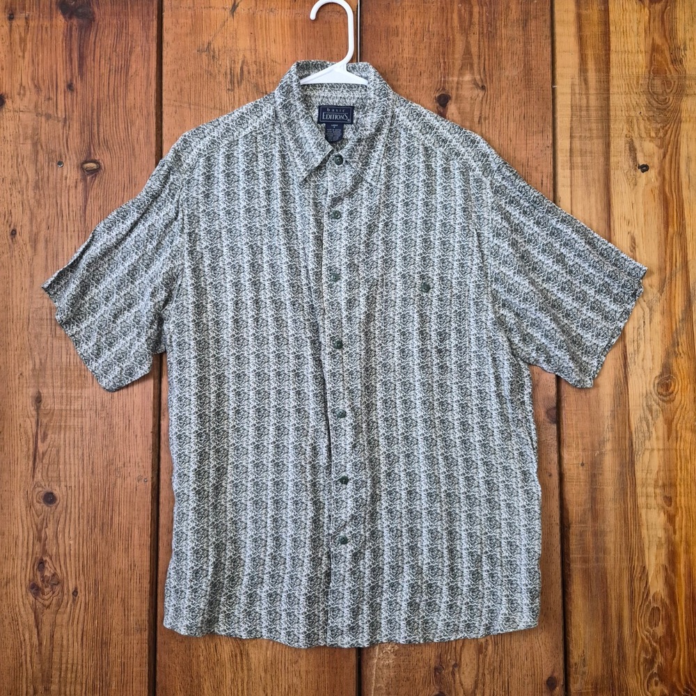 Vintage Basic Editions Men's Large Rayon Short Sleeve Button Up Green Geometric